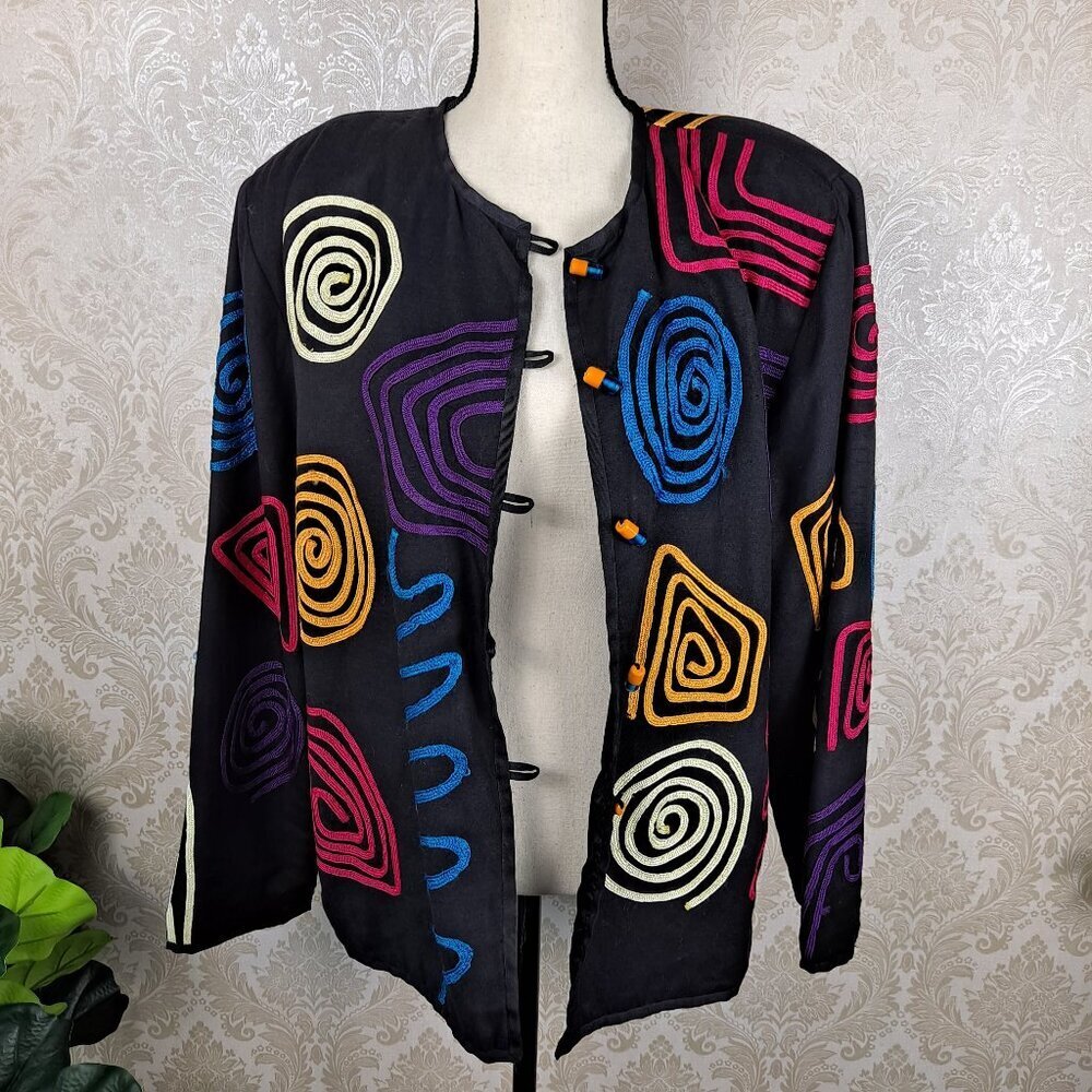 Allure Size XL Black Blazer Colorful Squiggle Embellishment Orange Front Buttons